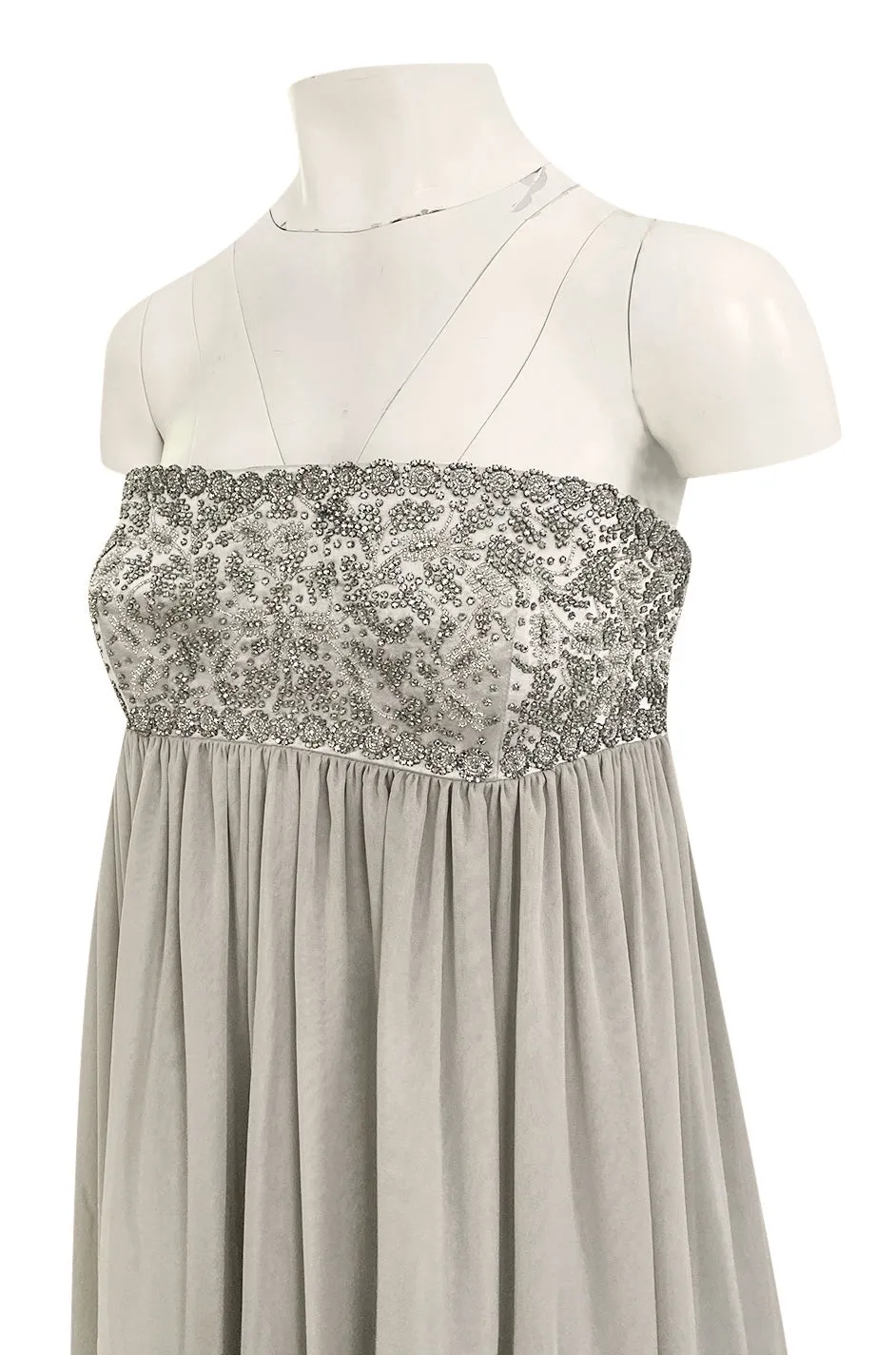 Spring 2006 Reem Acra Pale Grey Silk Chiffon Silver Rhinestone Beaded High Bodice Dress