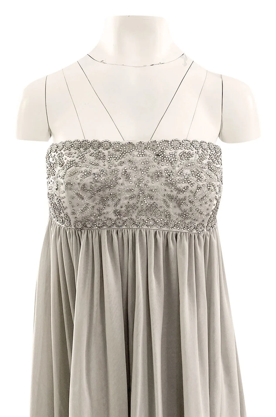Spring 2006 Reem Acra Pale Grey Silk Chiffon Silver Rhinestone Beaded High Bodice Dress