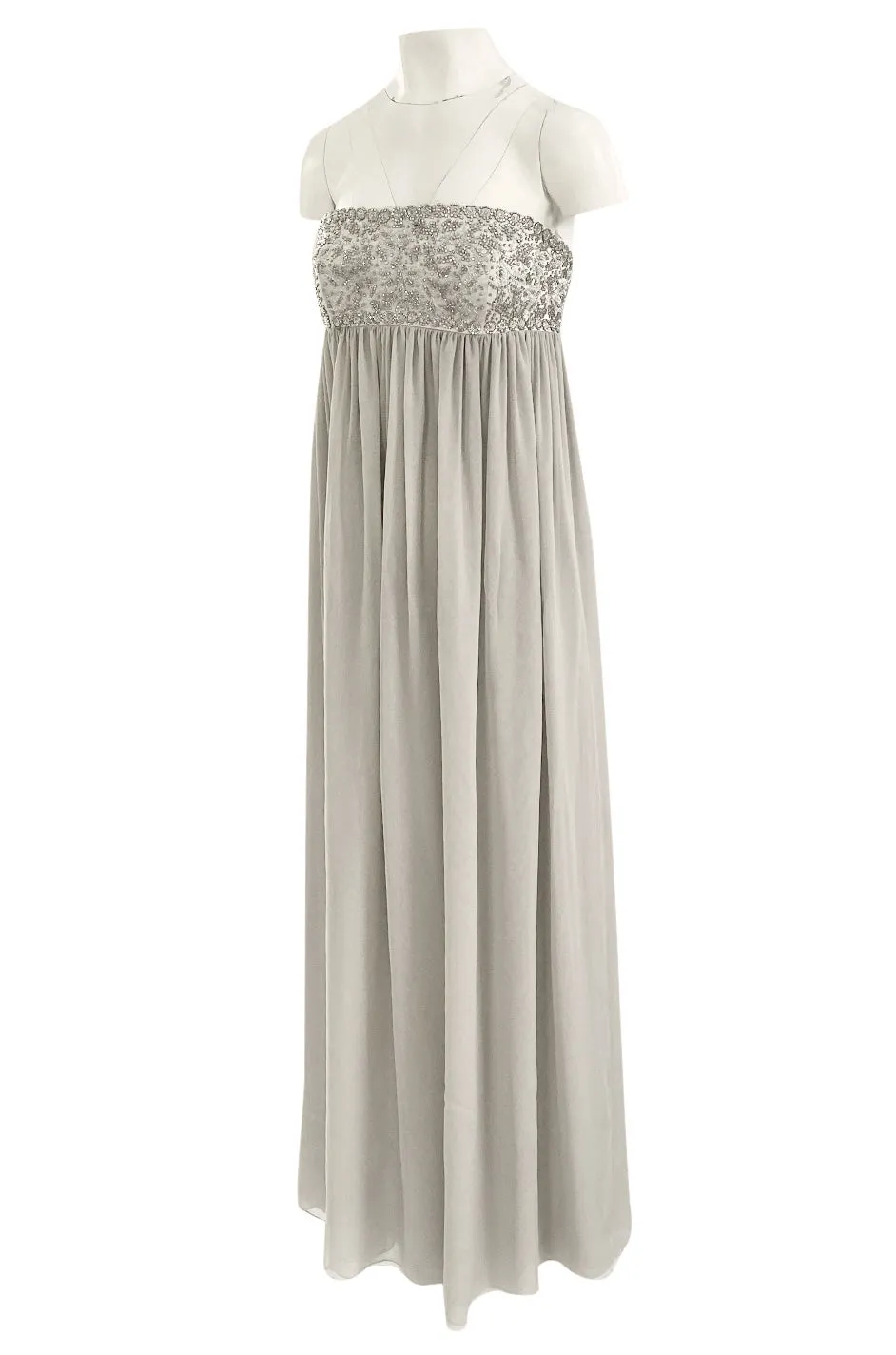 Spring 2006 Reem Acra Pale Grey Silk Chiffon Silver Rhinestone Beaded High Bodice Dress
