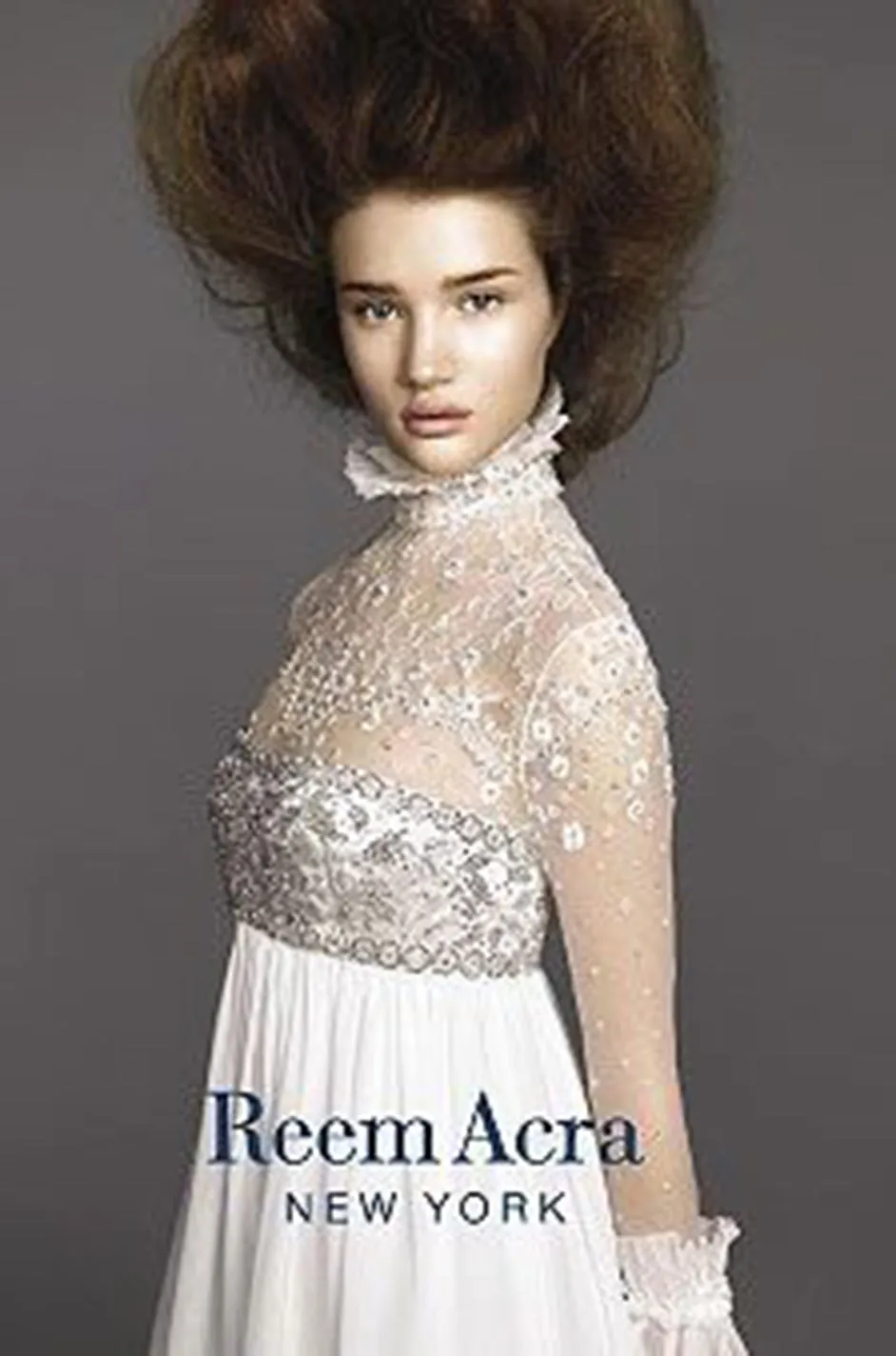 Spring 2006 Reem Acra Pale Grey Silk Chiffon Silver Rhinestone Beaded High Bodice Dress
