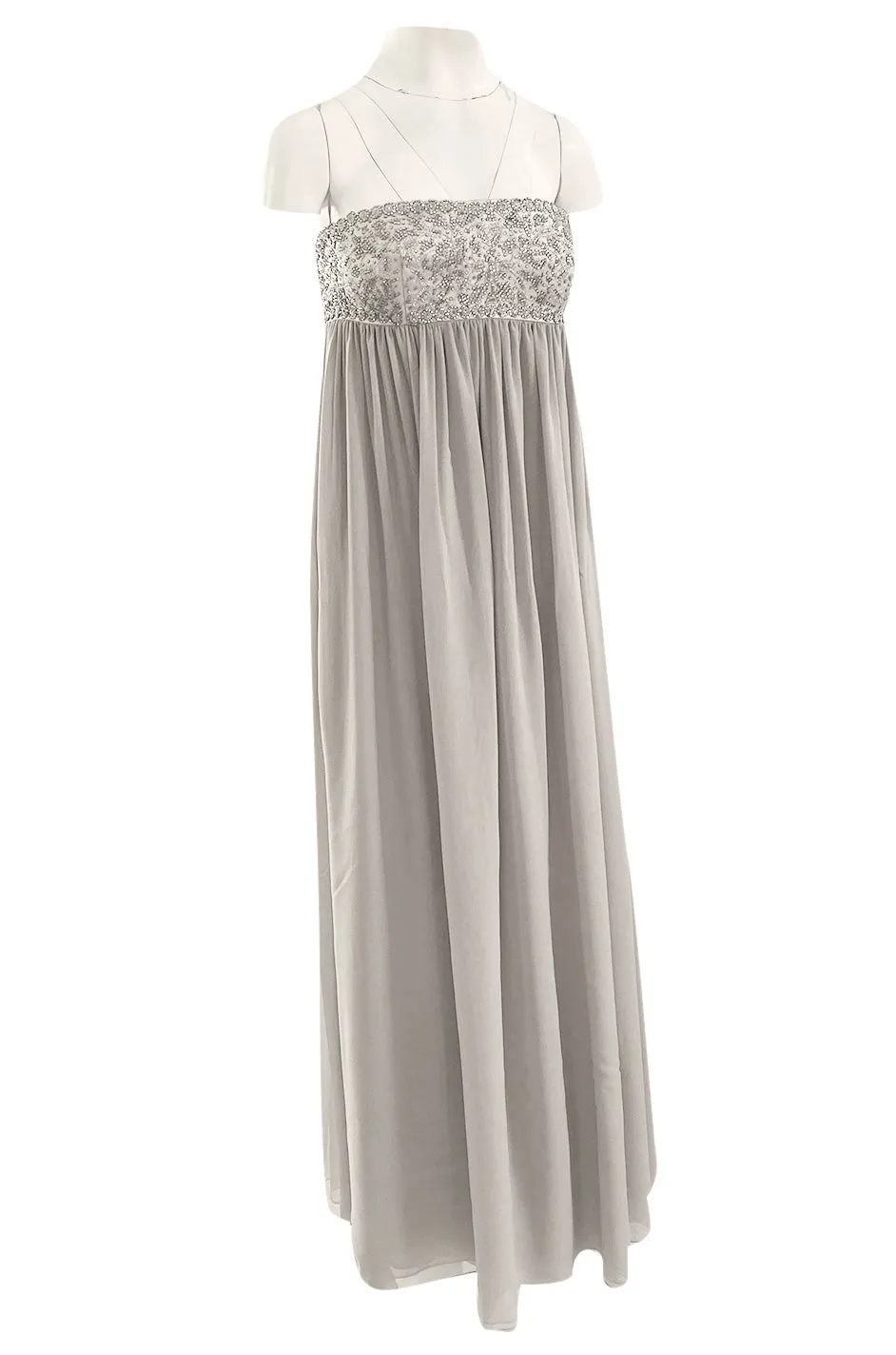 Spring 2006 Reem Acra Pale Grey Silk Chiffon Silver Rhinestone Beaded High Bodice Dress