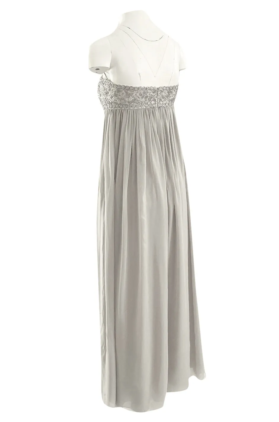 Spring 2006 Reem Acra Pale Grey Silk Chiffon Silver Rhinestone Beaded High Bodice Dress