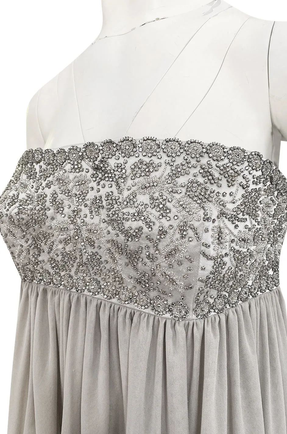 Spring 2006 Reem Acra Pale Grey Silk Chiffon Silver Rhinestone Beaded High Bodice Dress
