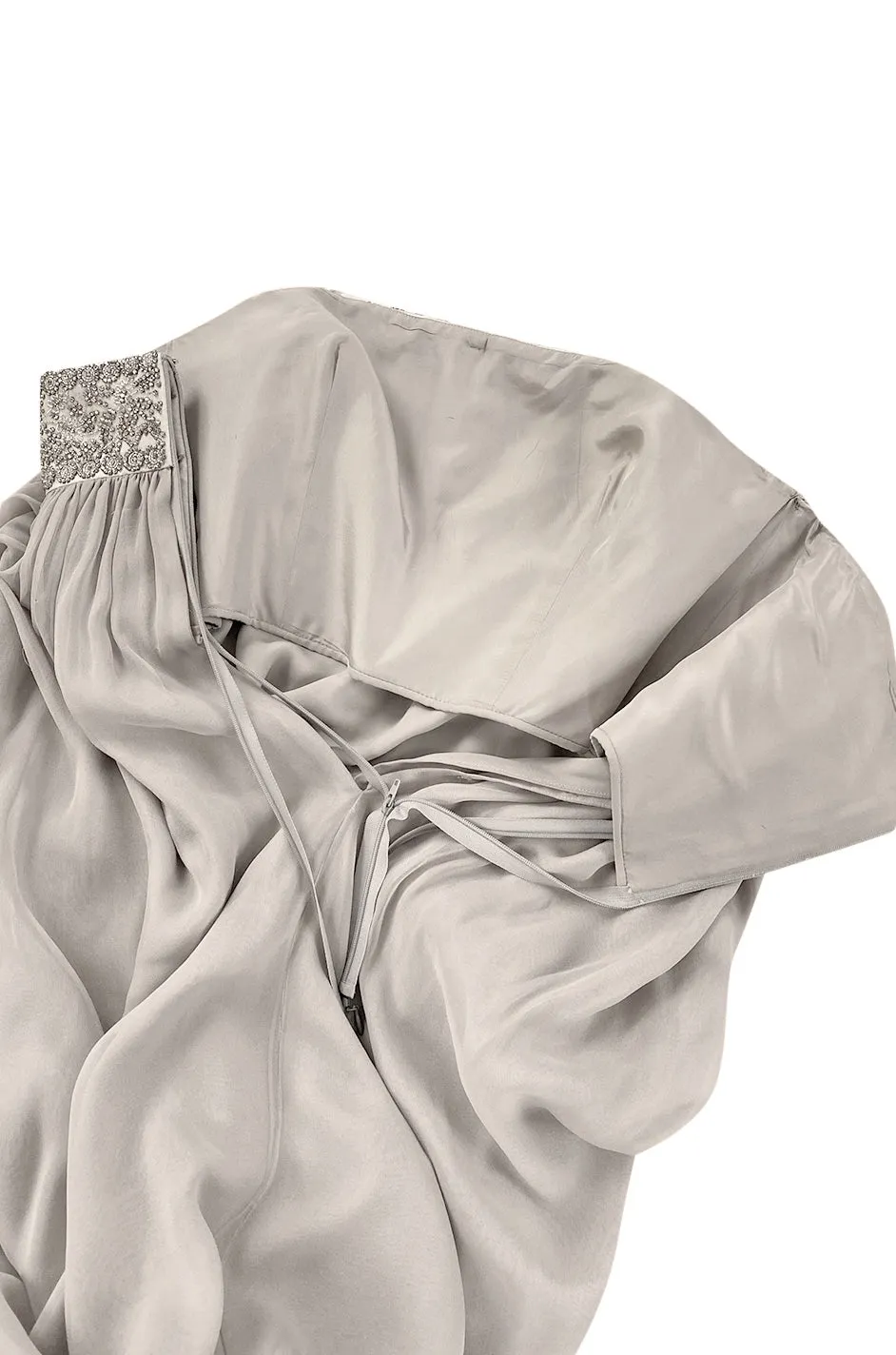 Spring 2006 Reem Acra Pale Grey Silk Chiffon Silver Rhinestone Beaded High Bodice Dress