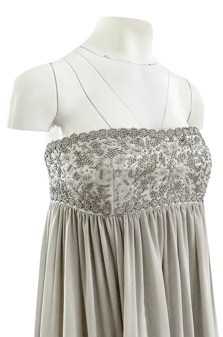 Spring 2006 Reem Acra Pale Grey Silk Chiffon Silver Rhinestone Beaded High Bodice Dress