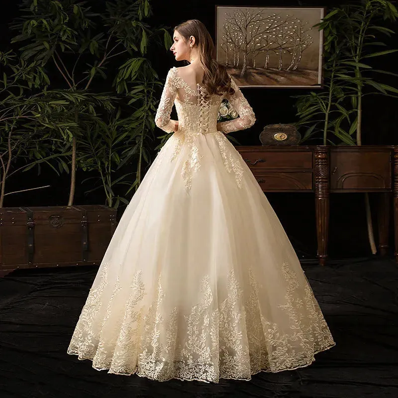 Spring White Ivory Champagne Wedding Dresses With Sleeve Illusion Long Appliques Lace Embroidery Ball Gowns vestido De Noiva