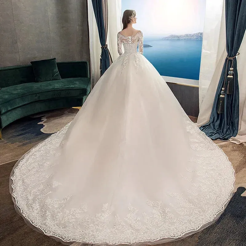 Spring White Ivory Champagne Wedding Dresses With Sleeve Illusion Long Appliques Lace Embroidery Ball Gowns vestido De Noiva