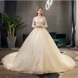 Spring White Ivory Champagne Wedding Dresses With Sleeve Illusion Long Appliques Lace Embroidery Ball Gowns vestido De Noiva