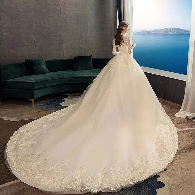 Spring White Ivory Champagne Wedding Dresses With Sleeve Illusion Long Appliques Lace Embroidery Ball Gowns vestido De Noiva