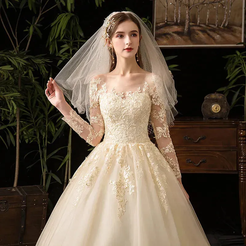 Spring White Ivory Champagne Wedding Dresses With Sleeve Illusion Long Appliques Lace Embroidery Ball Gowns vestido De Noiva