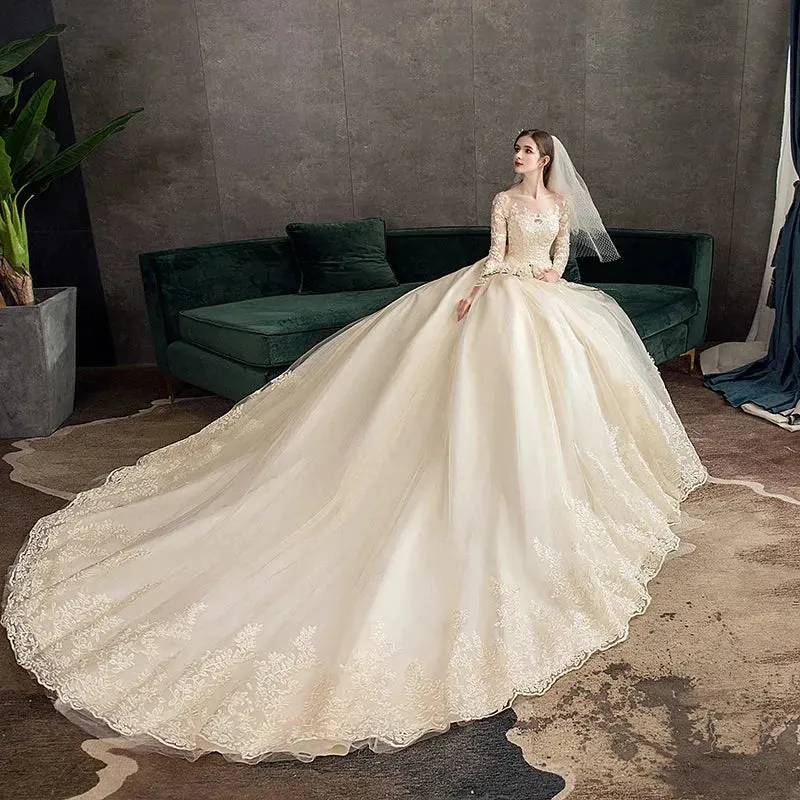 Spring White Ivory Champagne Wedding Dresses With Sleeve Illusion Long Appliques Lace Embroidery Ball Gowns vestido De Noiva