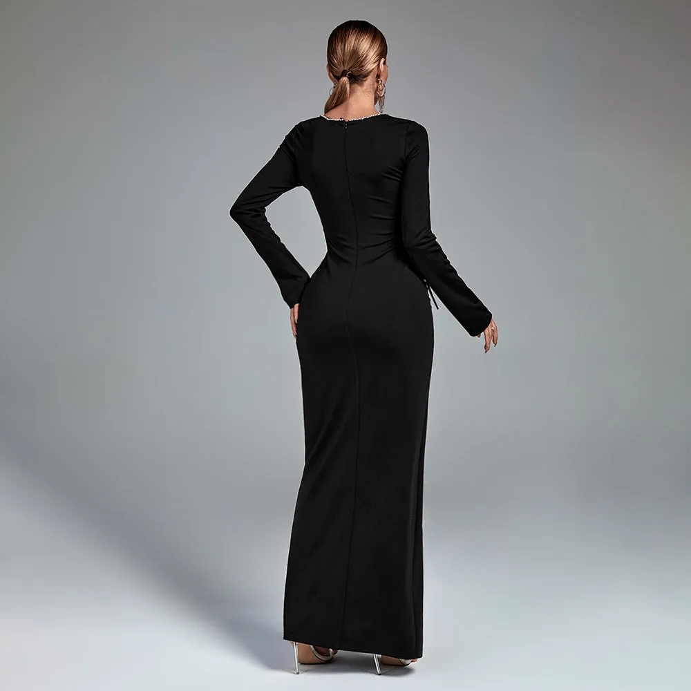 Square Collar Long Sleeve Maxi Tie Bodycon Dress