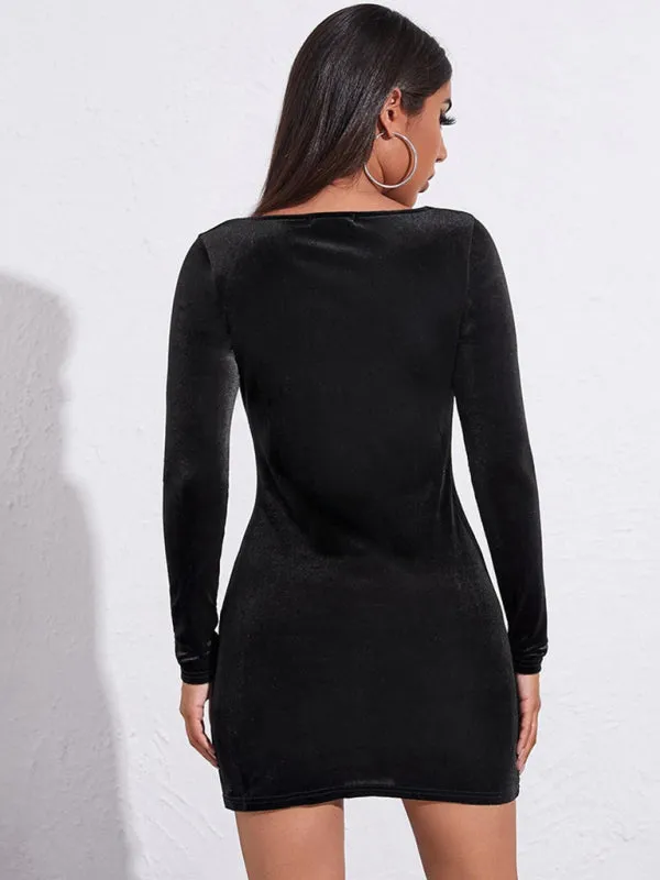 Square Neck Velvet Mini Dress with Long Sleeves and Slit