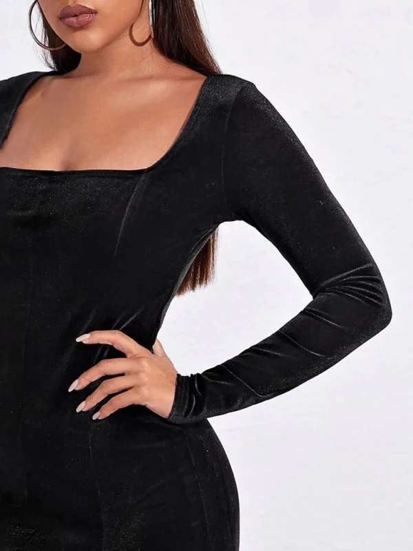 Square Neck Velvet Mini Dress with Long Sleeves and Slit