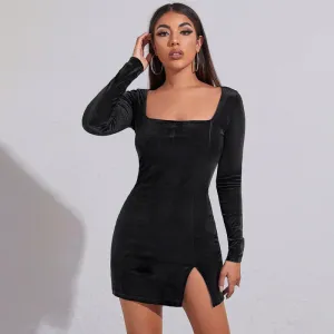 Square Neck Velvet Mini Dress with Long Sleeves and Slit