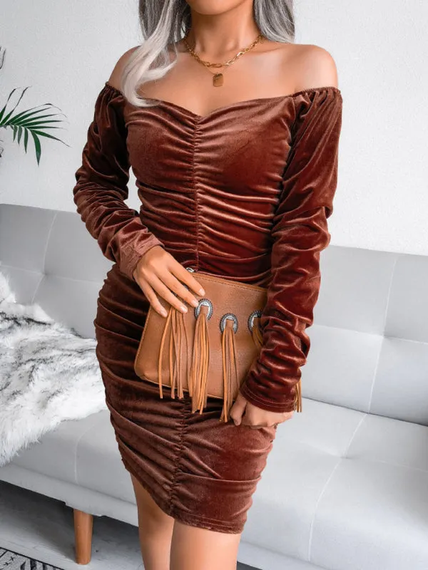 Square Neck Velvet Mini Dress with Ruched Bodycon Design