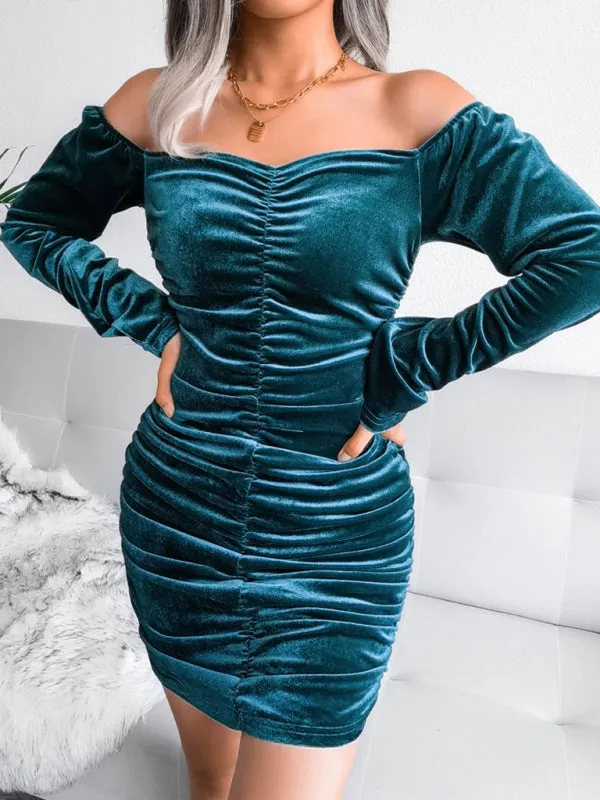 Square Neck Velvet Mini Dress with Ruched Bodycon Design