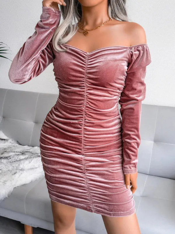 Square Neck Velvet Mini Dress with Ruched Bodycon Design