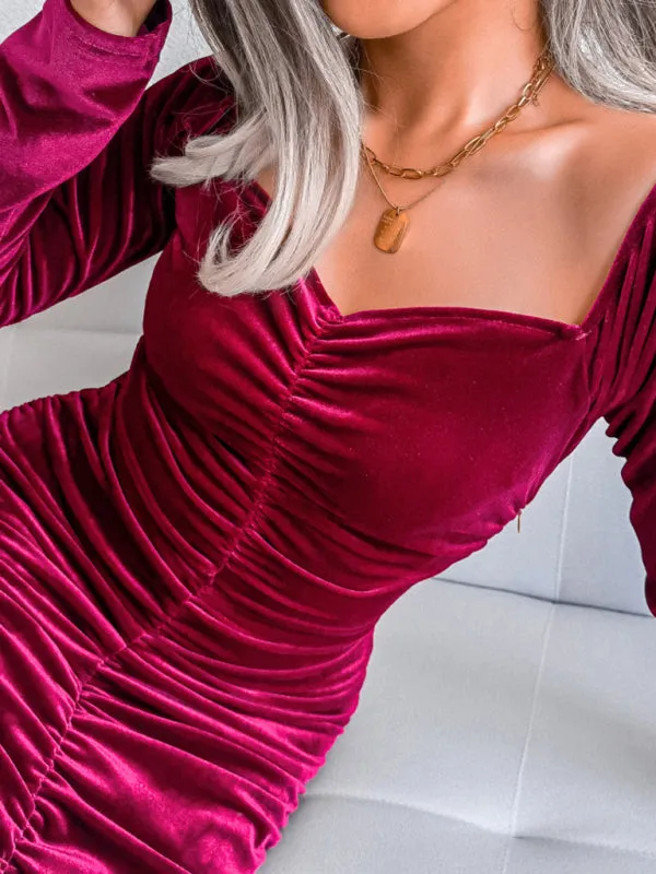Square Neck Velvet Mini Dress with Ruched Bodycon Design