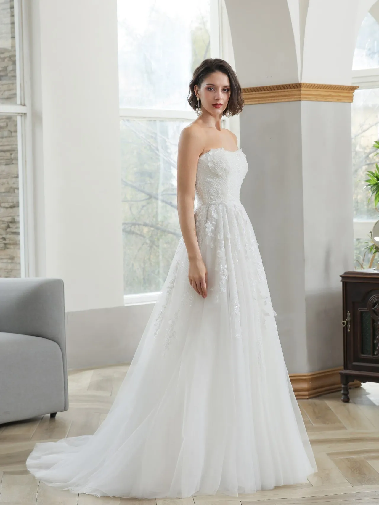 Strapless 3D Leaf Beaded Sequin Lace A-Line Wedding Dress Ophelia