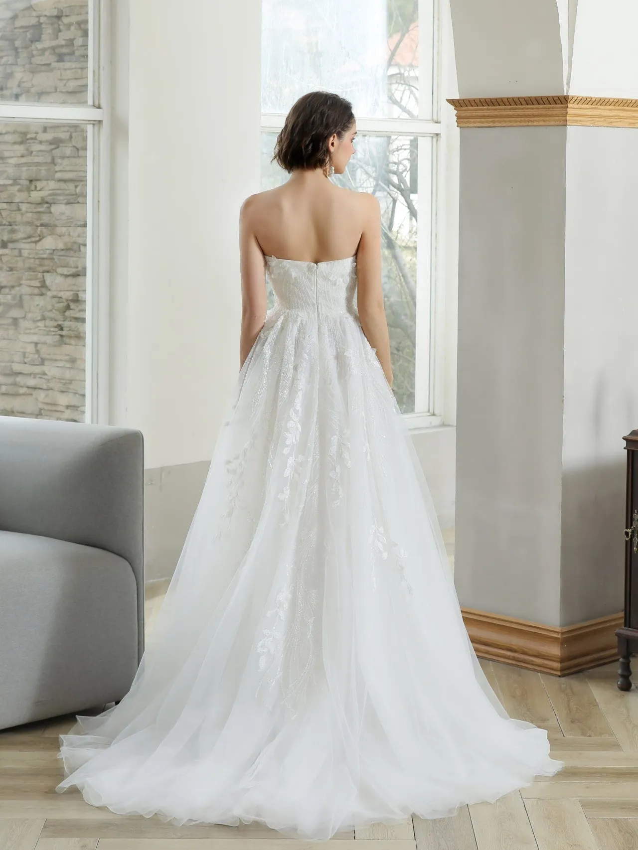 Strapless 3D Leaf Beaded Sequin Lace A-Line Wedding Dress Ophelia