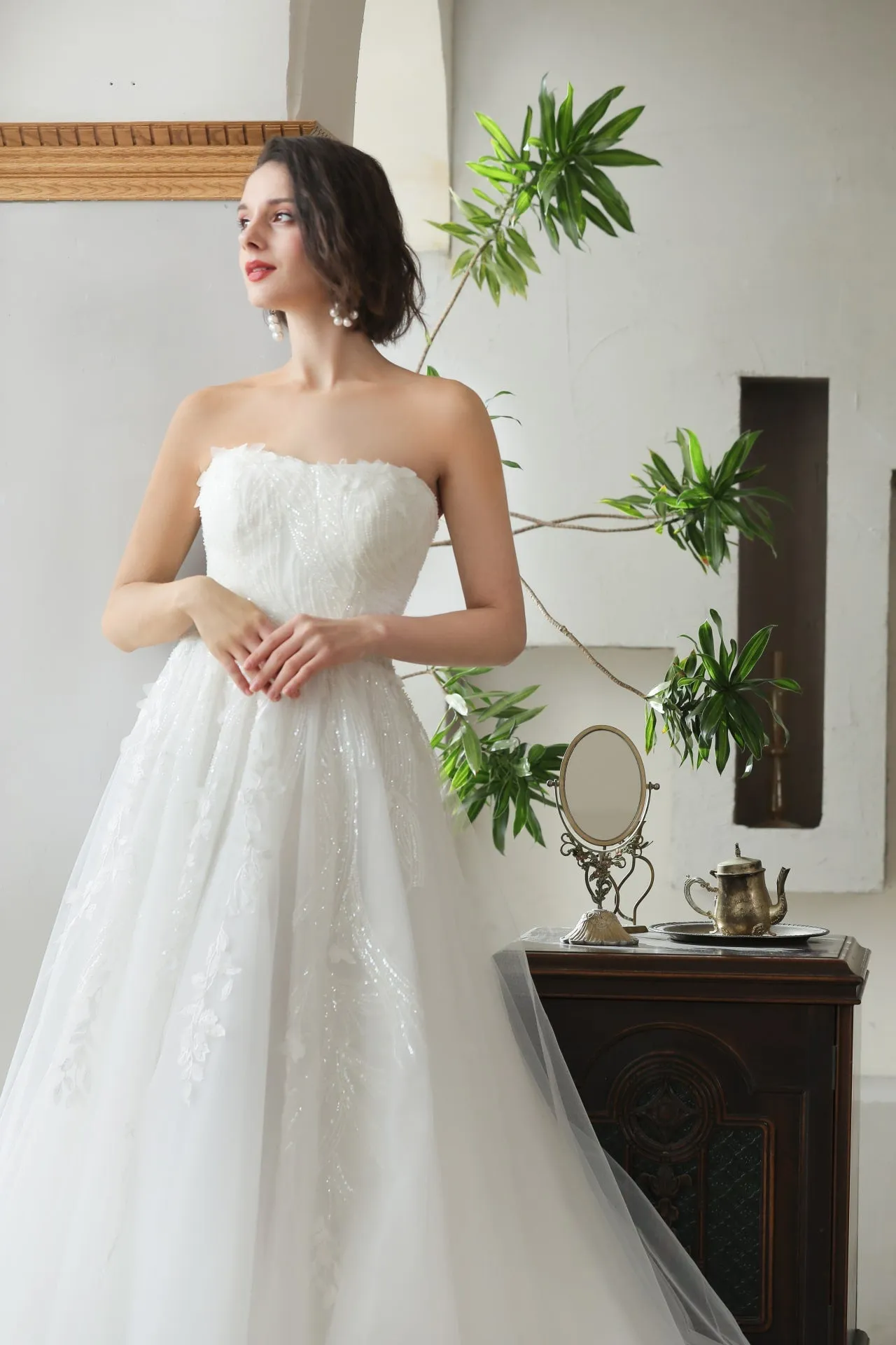 Strapless 3D Leaf Beaded Sequin Lace A-Line Wedding Dress Ophelia