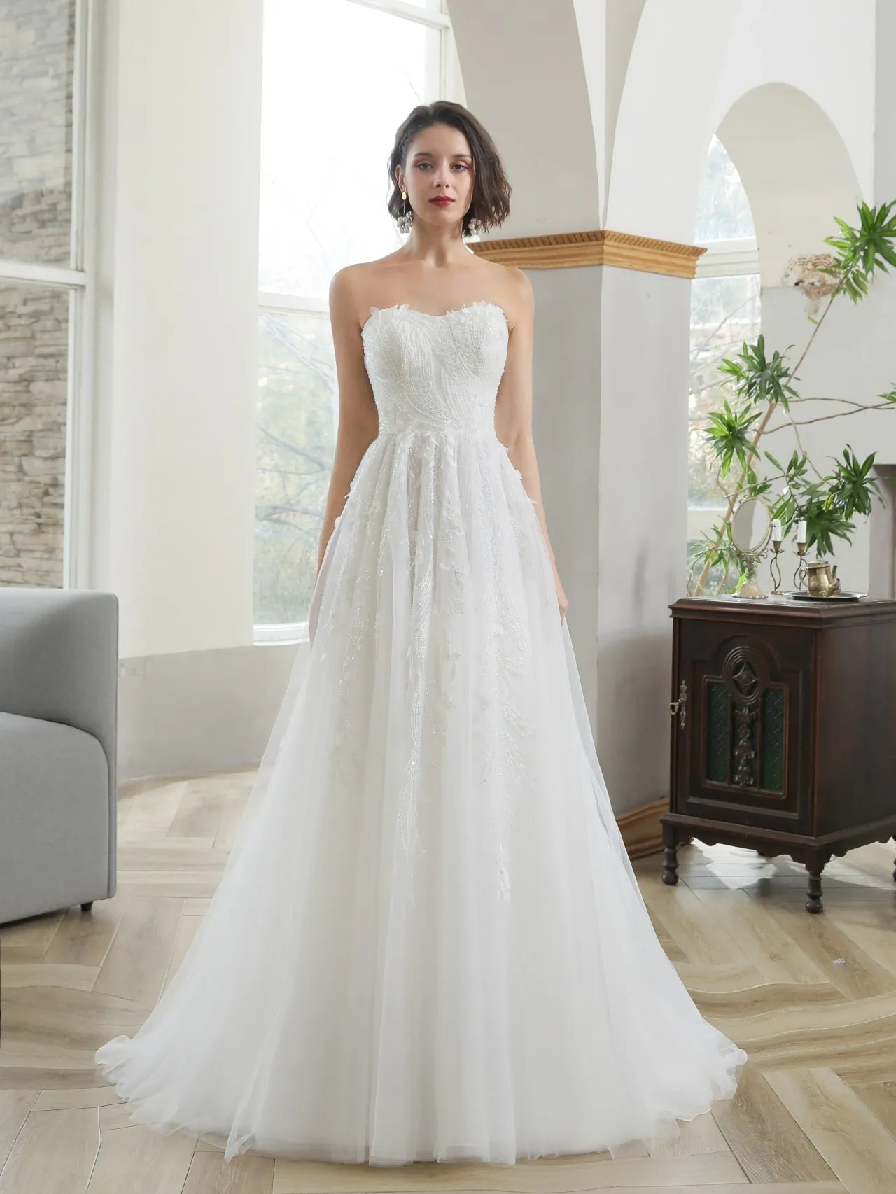 Strapless 3D Leaf Beaded Sequin Lace A-Line Wedding Dress Ophelia