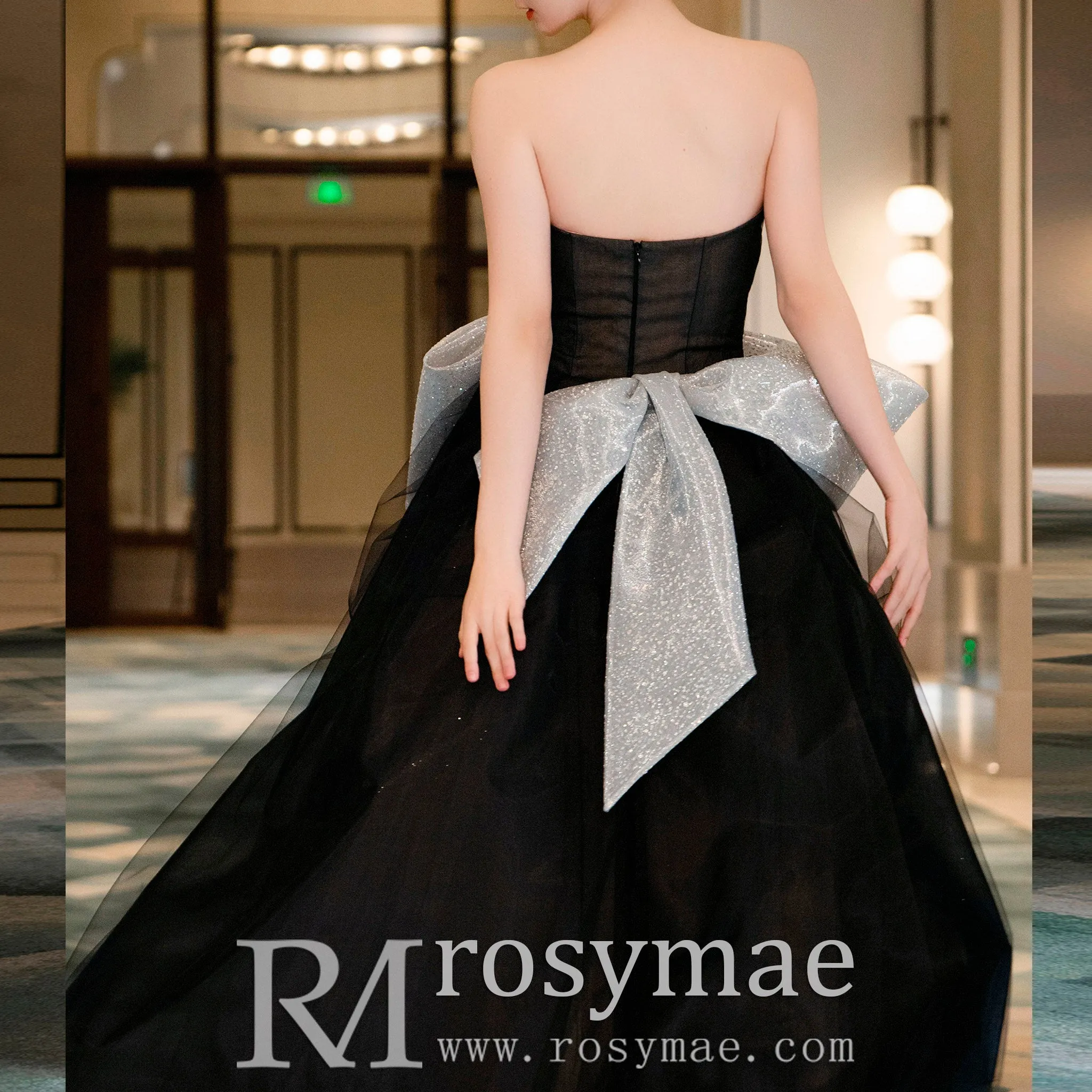 Strapless A-line Black Wedding Dress with Bowknot Waistline