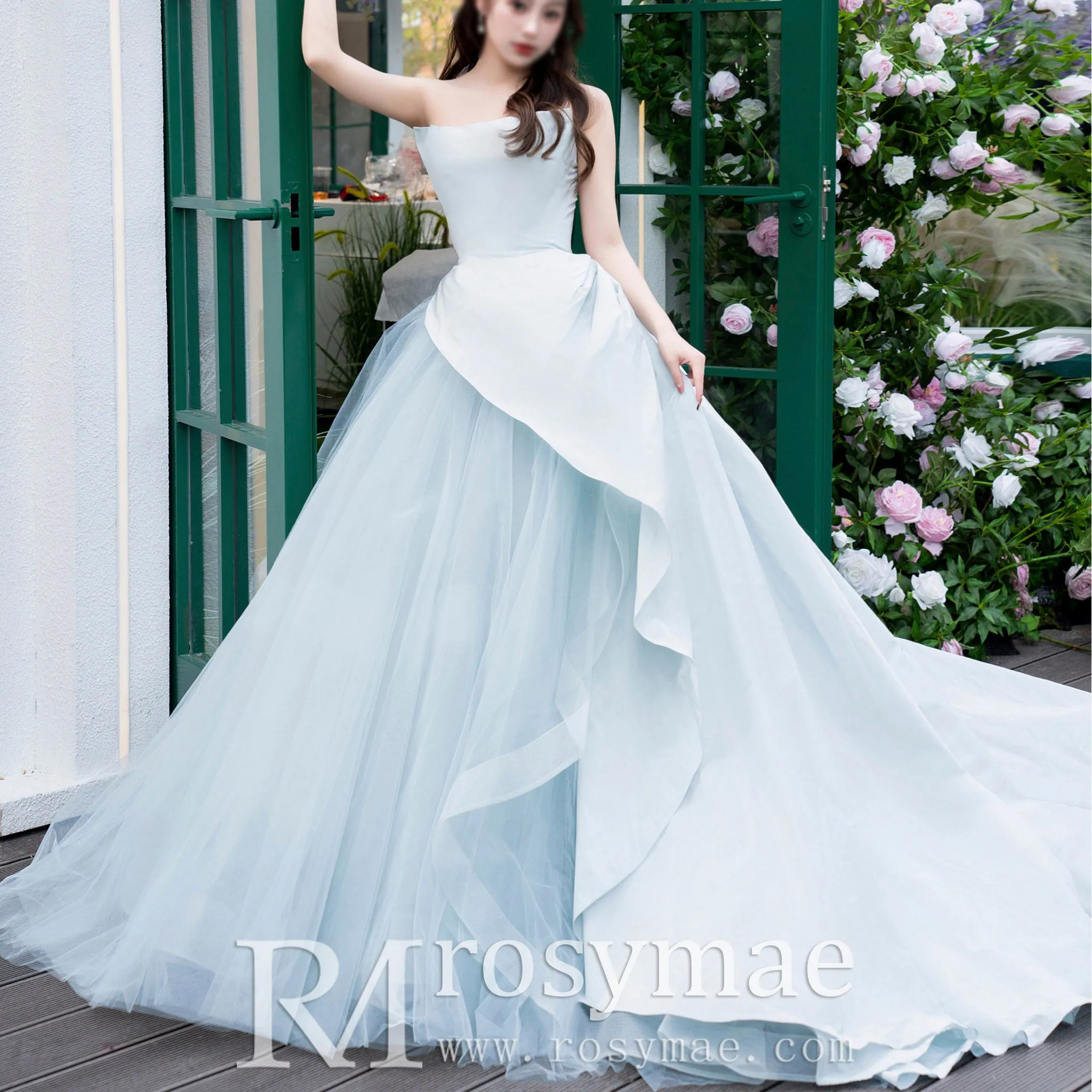 Strapless Baby Blue Ruffle Wedding Dress with Curve Neckline