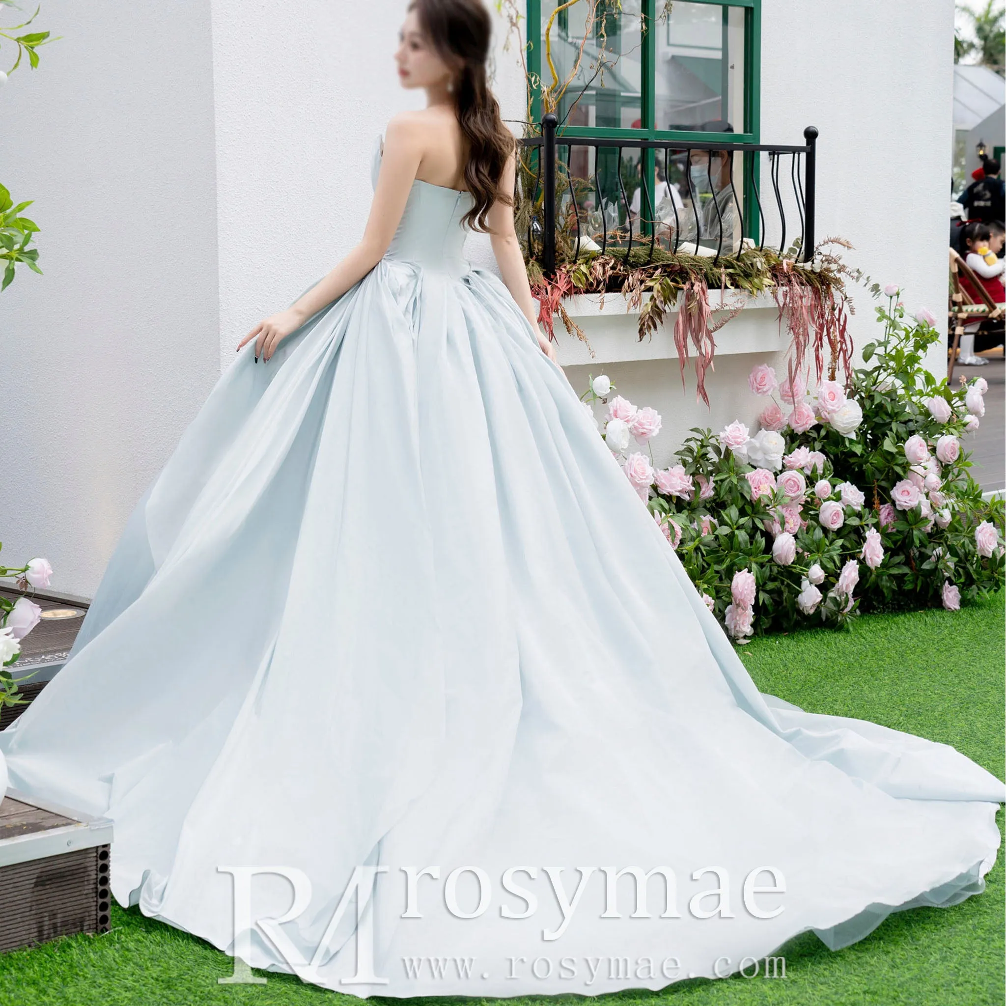 Strapless Baby Blue Ruffle Wedding Dress with Curve Neckline