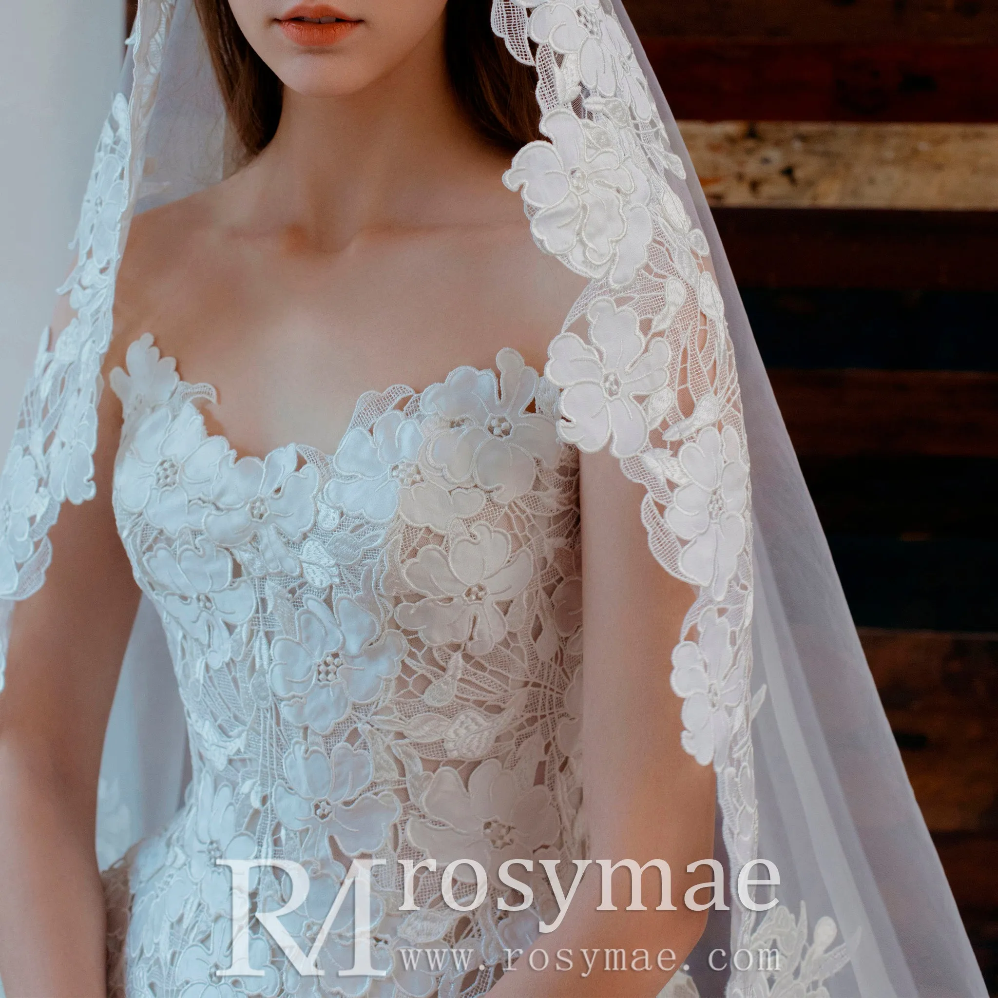 Strapless Ball Gown Floral Lace Wedding Dress with Sweetheat Neck