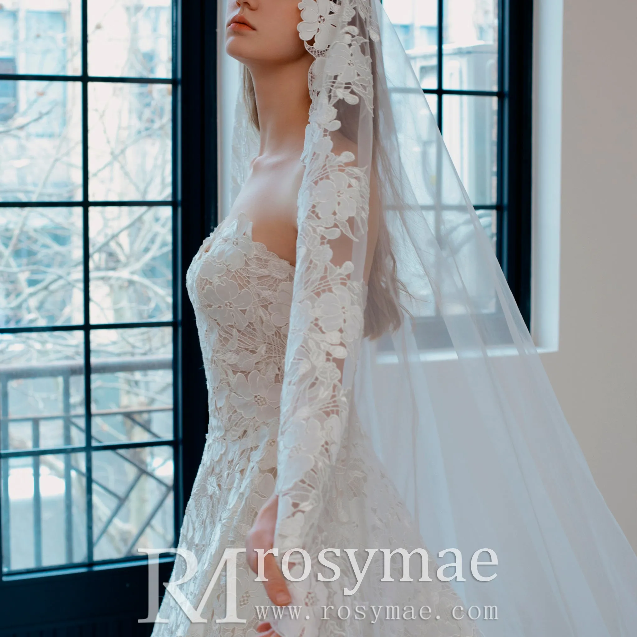 Strapless Ball Gown Floral Lace Wedding Dress with Sweetheat Neck