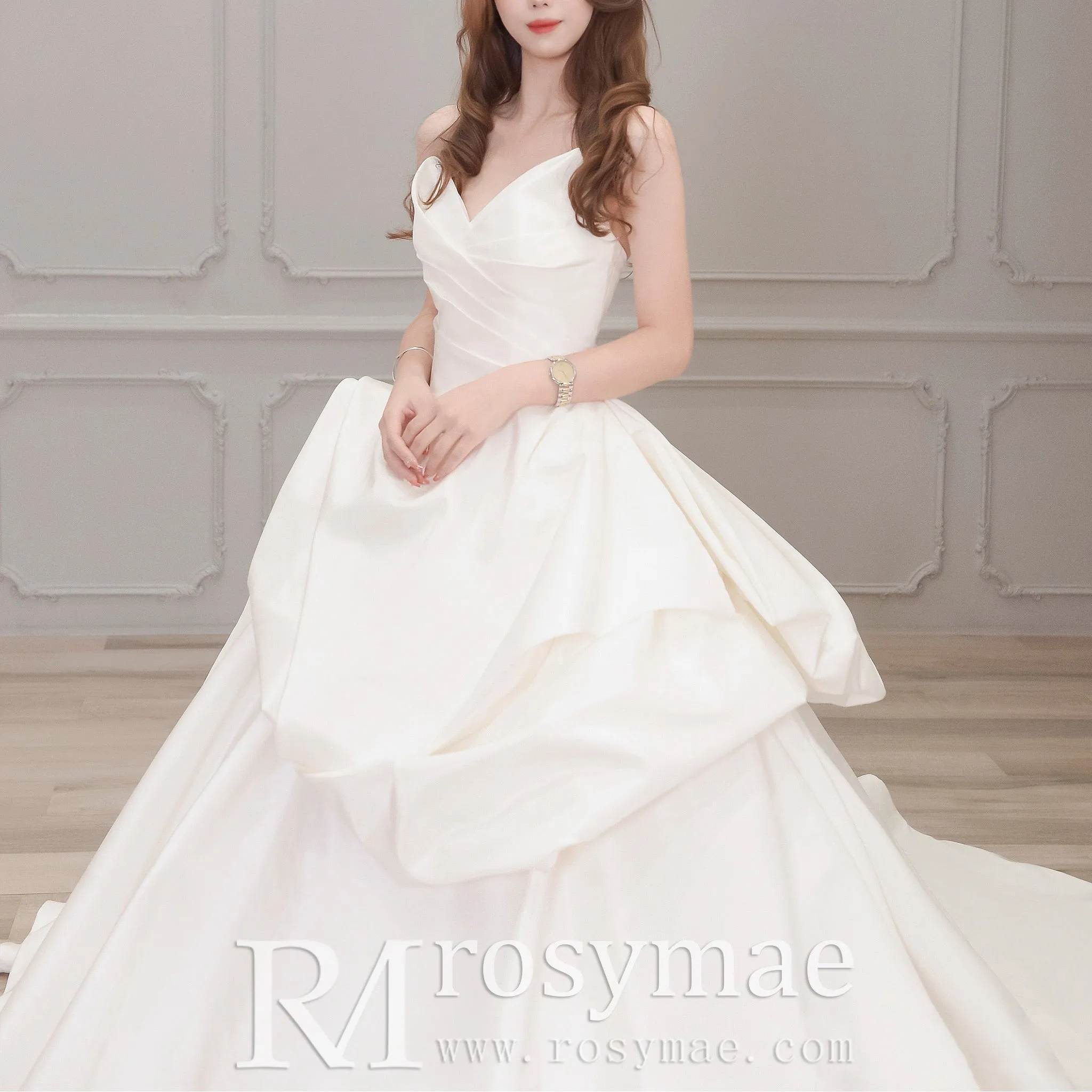 Strapless Ballgown Satin Vneck Wedding Dress with Ruffle Skirt