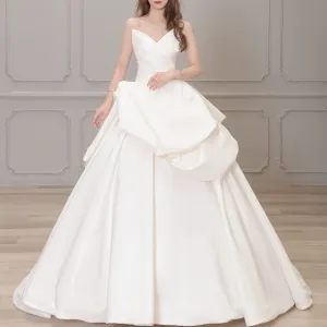 Strapless Ballgown Satin Vneck Wedding Dress with Ruffle Skirt