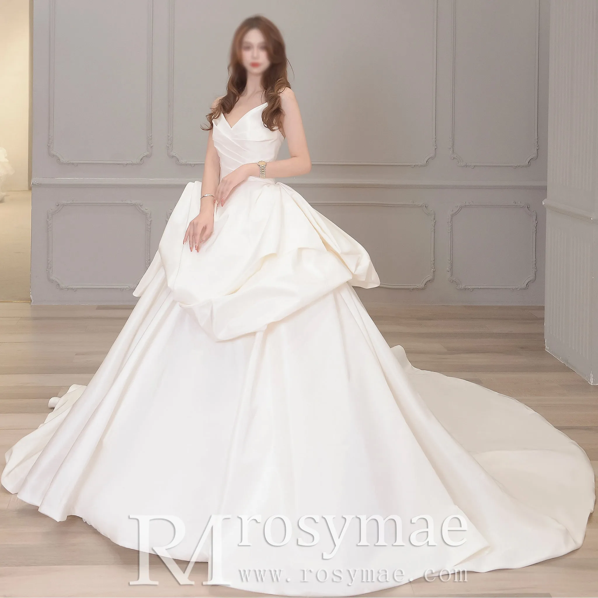 Strapless Ballgown Satin Vneck Wedding Dress with Ruffle Skirt