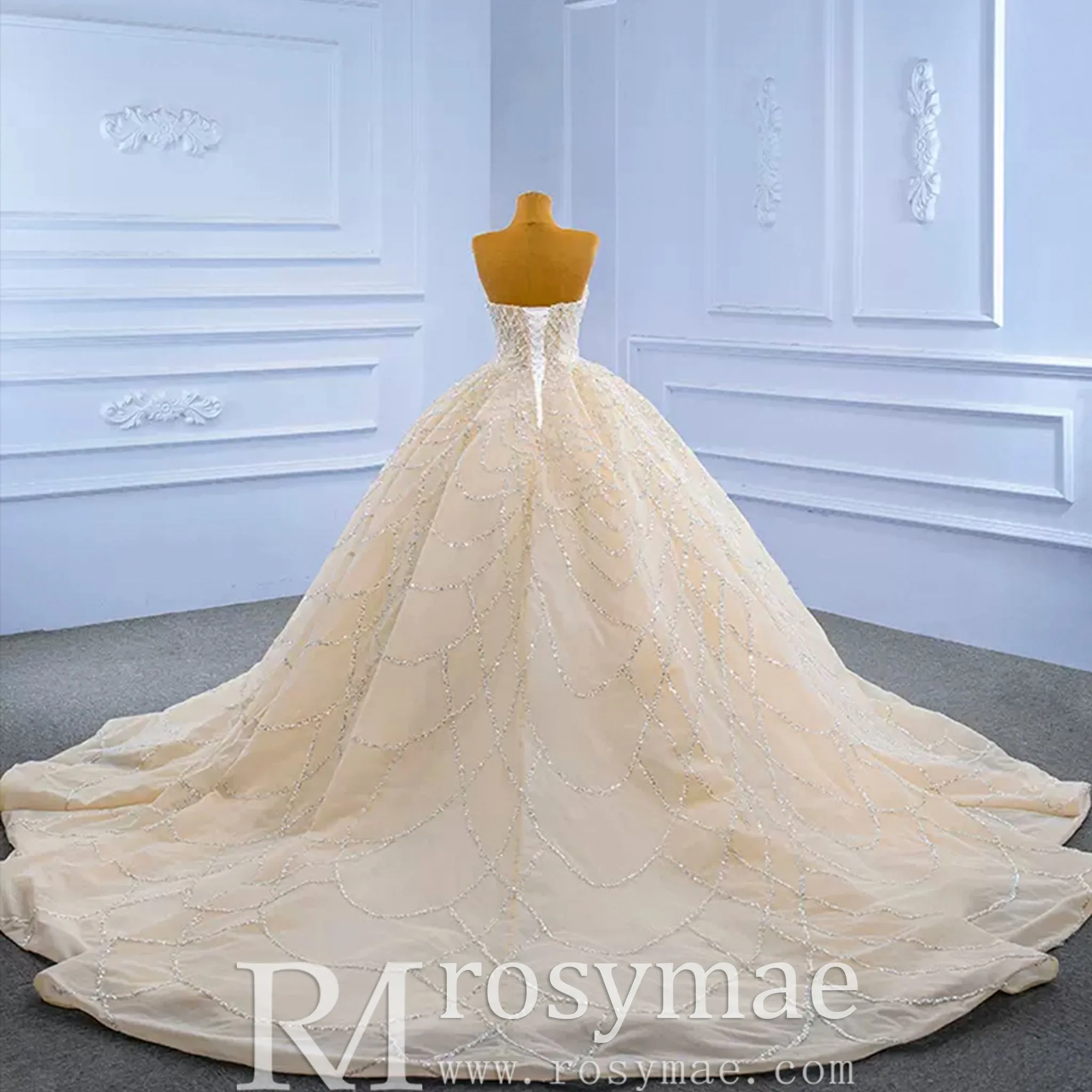 Strapless Beaded Champagne Ball Gown Wedding Dress
