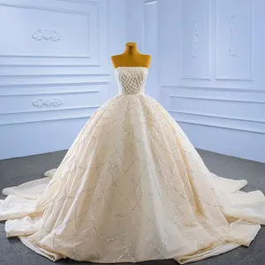 Strapless Beaded Champagne Ball Gown Wedding Dress