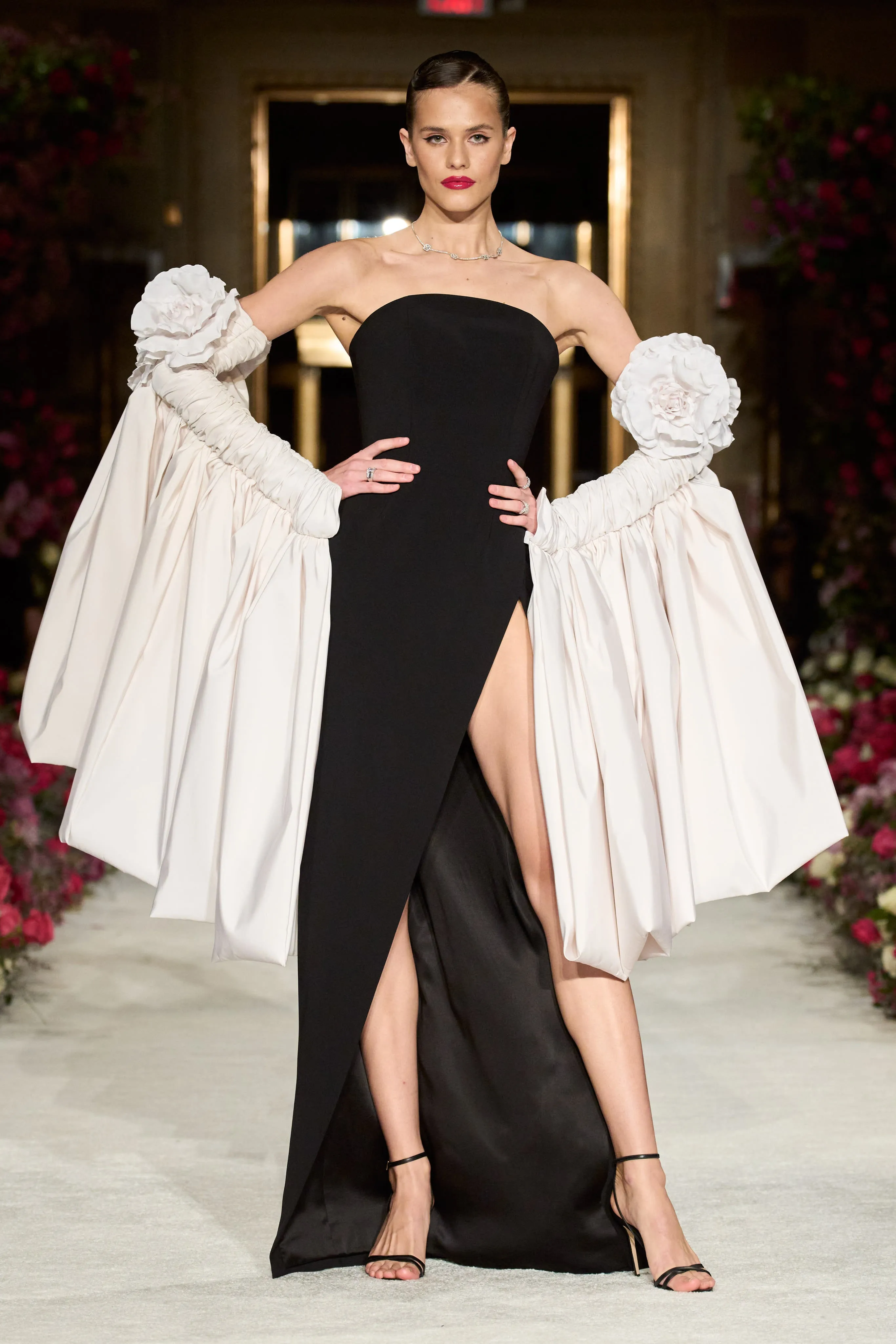 Strapless Cascading Rose Sleeve Gown