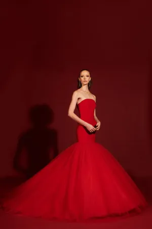 Strapless Crepe and Pleated Tulle Cascading Mermaid Gown