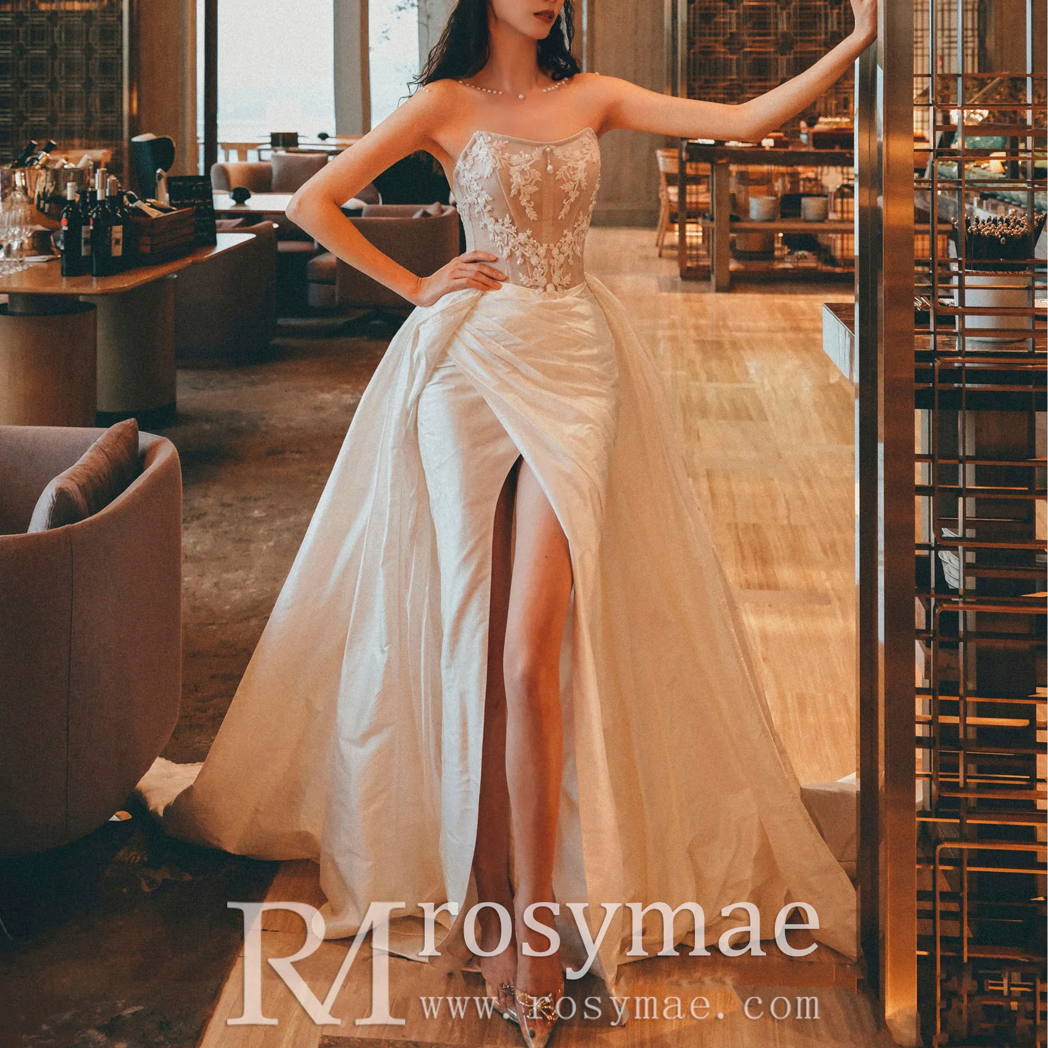 Strapless Curve Neck Mermaid Wedding Dress with Leg Slit