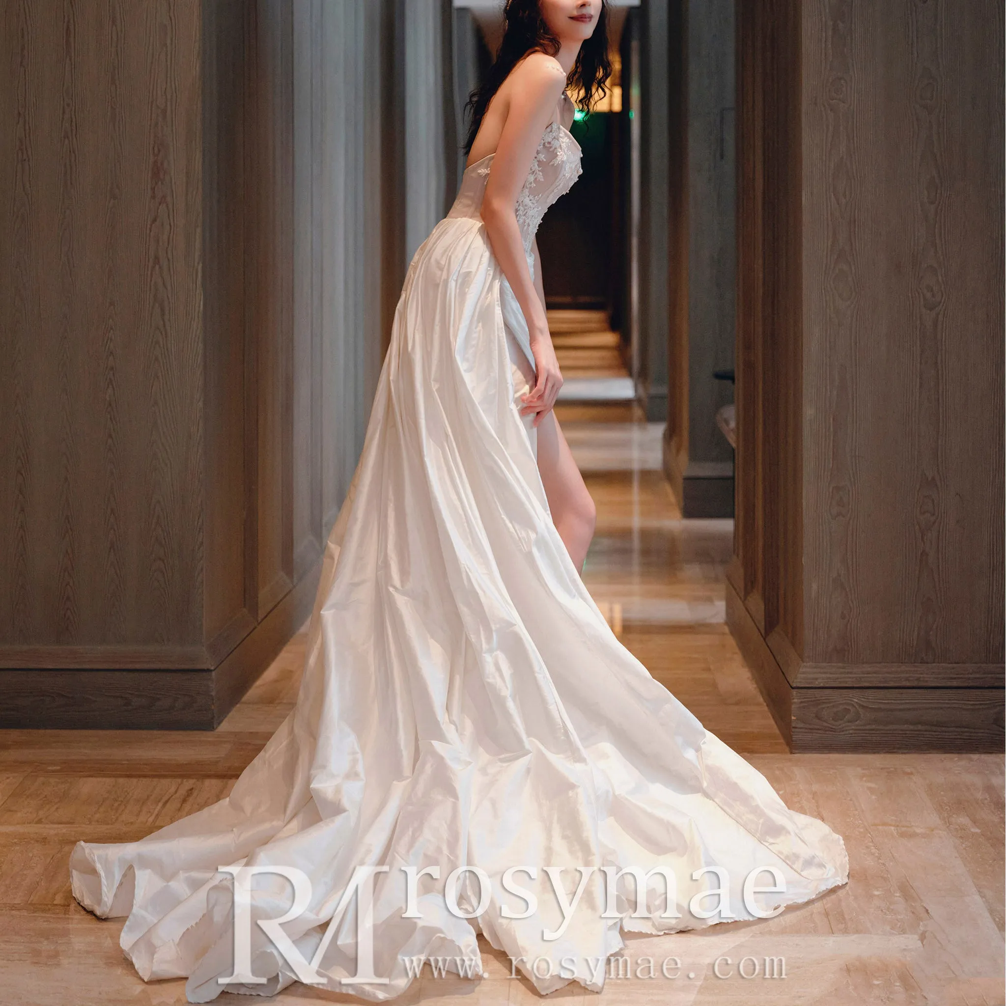 Strapless Curve Neck Mermaid Wedding Dress with Leg Slit