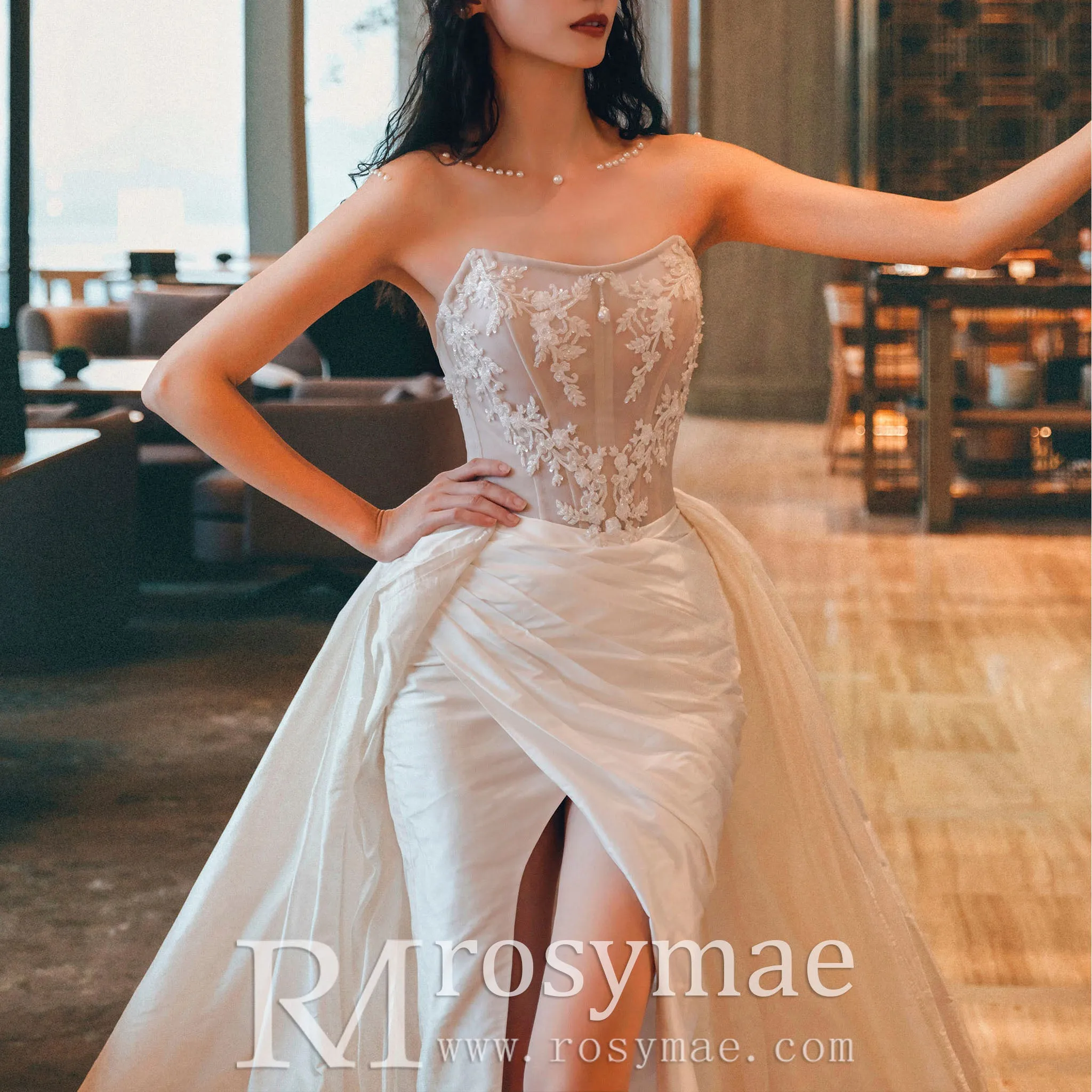 Strapless Curve Neck Mermaid Wedding Dress with Leg Slit