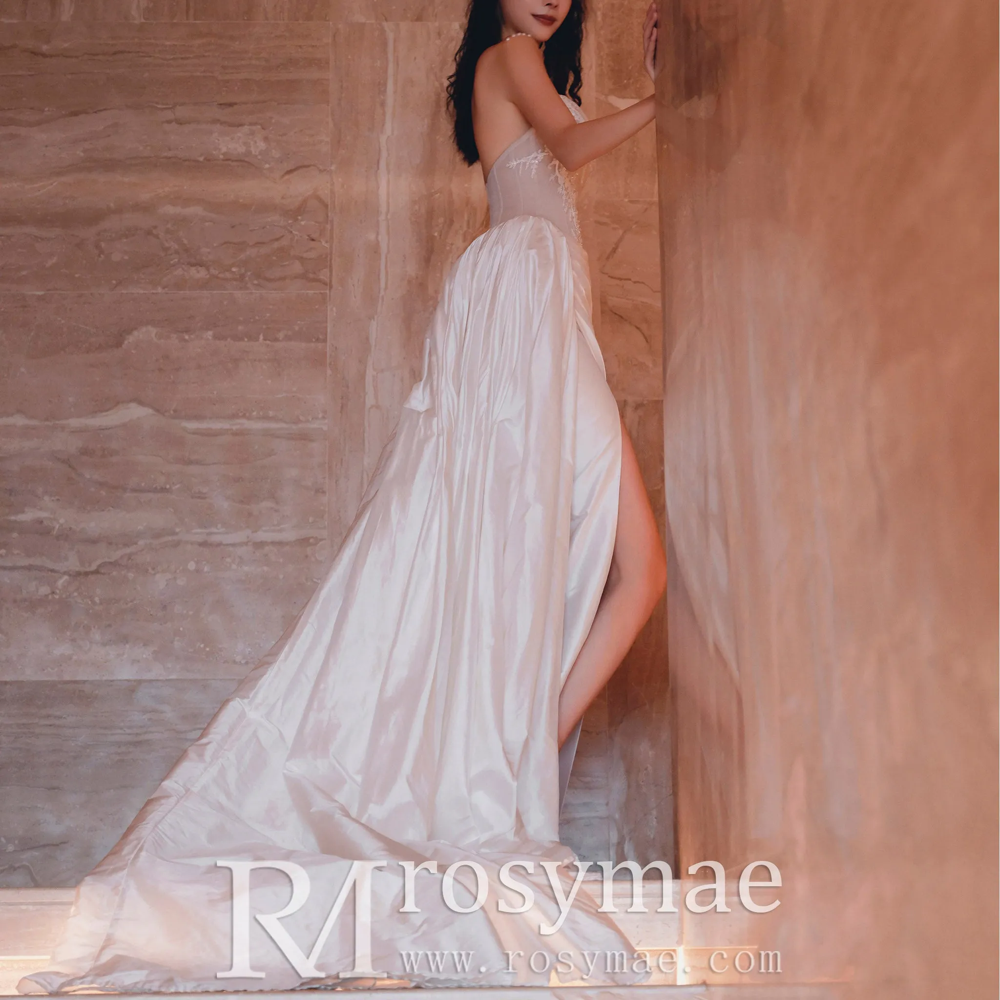 Strapless Curve Neck Mermaid Wedding Dress with Leg Slit