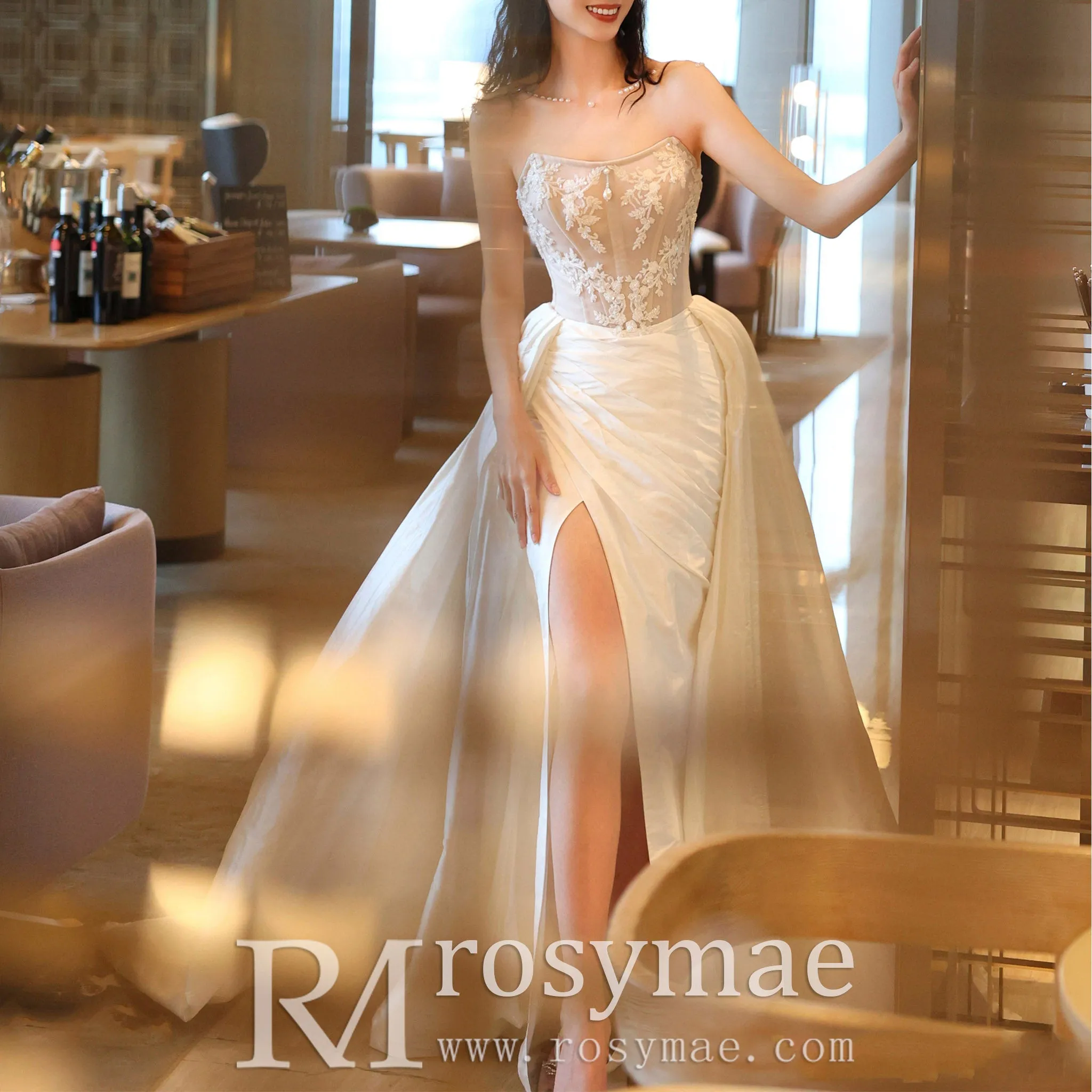 Strapless Curve Neck Mermaid Wedding Dress with Leg Slit