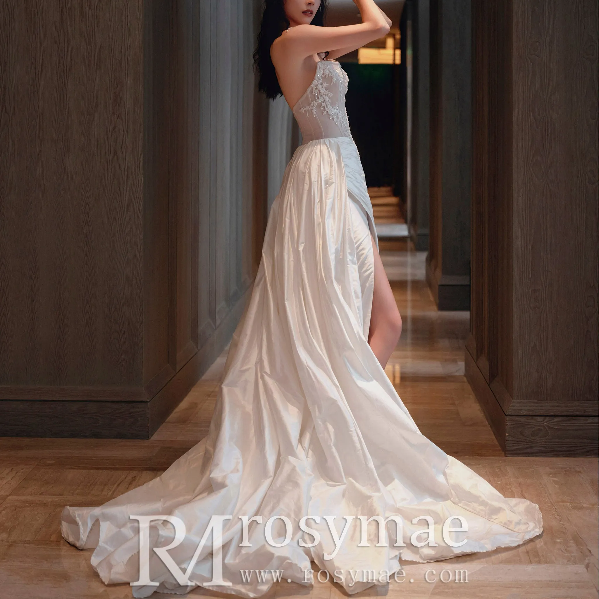 Strapless Curve Neck Mermaid Wedding Dress with Leg Slit