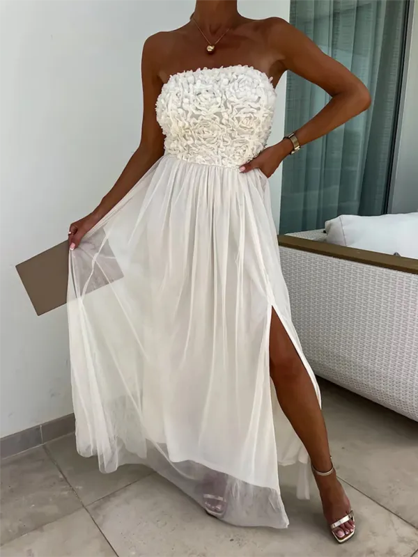 Strapless Maxi Dress with Ruched Bodice and High Slit