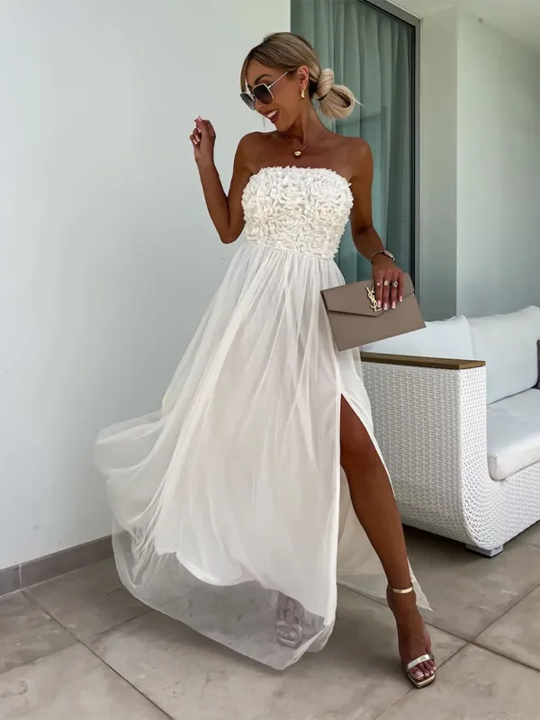 Strapless Maxi Dress with Ruched Bodice and High Slit