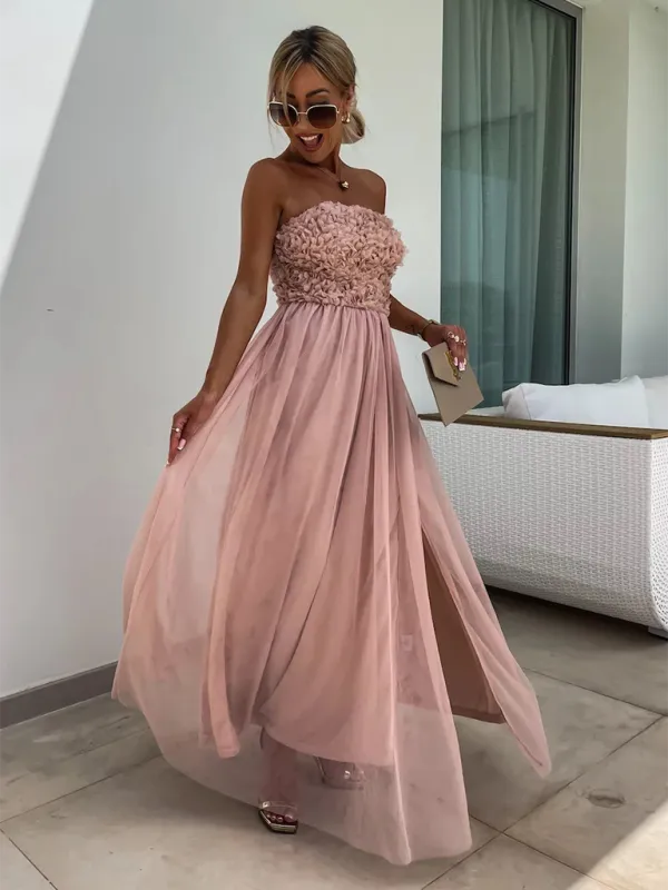 Strapless Maxi Dress with Ruched Bodice and High Slit