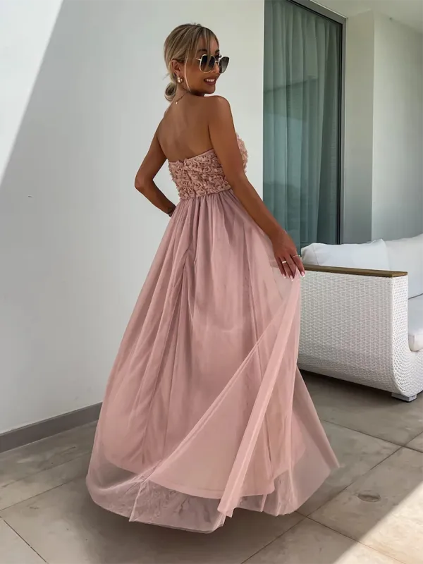 Strapless Maxi Dress with Ruched Bodice and High Slit