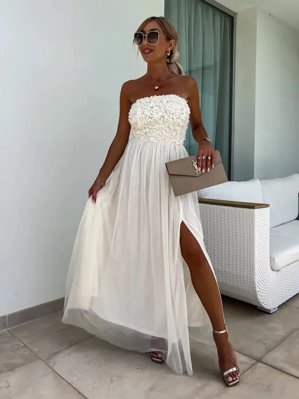 Strapless Maxi Dress with Ruched Bodice and High Slit